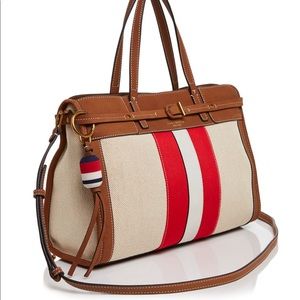 NWT Tory Burch Striped Canvas & Suede Satchel Bag
